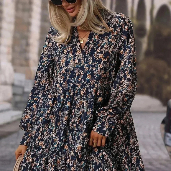 Multicolor Boho Women's Allover Floral Print Bishop Sleeve Ruffle Hem Dress - Picture 5 of 6